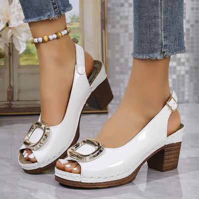 Элегантные женские туфли-лодочки с открытым носком Весна Лето 2025 Лакированная кожа Ремешок сзади Высокий каблук Обувь Женская Большой размер Металлическая пряжка Сандалии