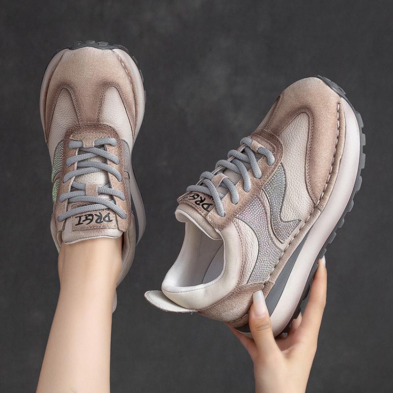 Johnature Genuine Leather Mixed Colors Lace-up Sneakers Women Leisure Sport Soft Sole Comfortable Shoes