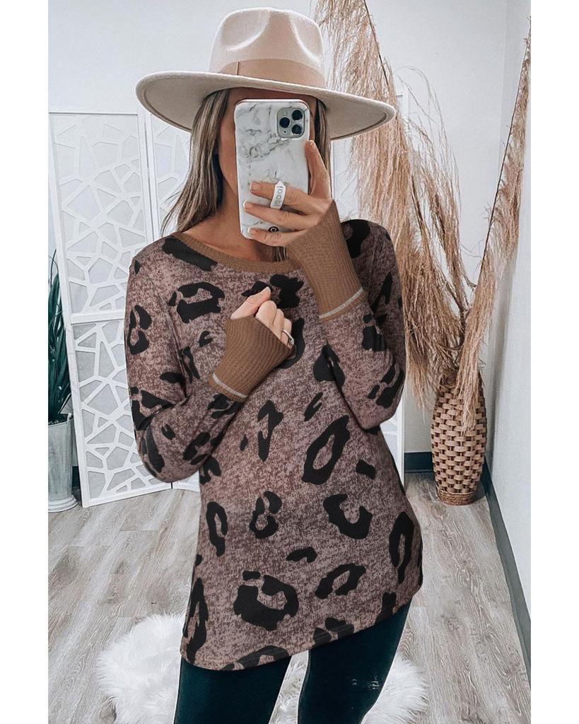 Azura Exchange Коричневый топ с леопардовым принтом и длинными рукавами и вырезом для большого пальца