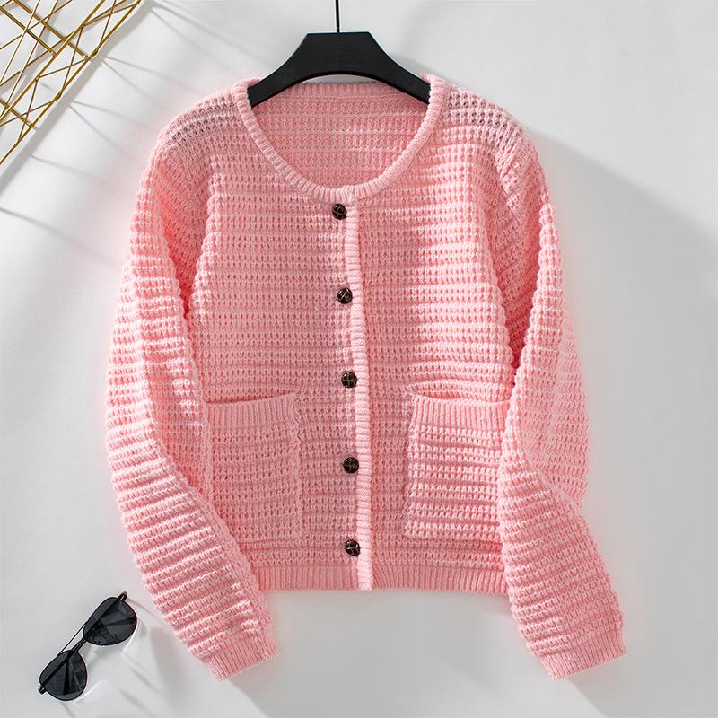 Solid Color Single Breasted Round Neck Knitted Cardigan for Women Autumn and Winter Casual Thick Round Neck European and American Sweater for Women