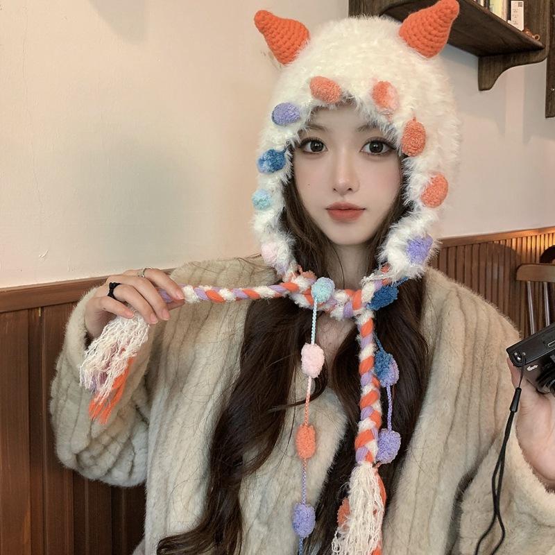 2025 новая японская милая шапка-чудовище из плетеной шерсти, женская сезонная теплая универсальная вязаная шапка с ушками