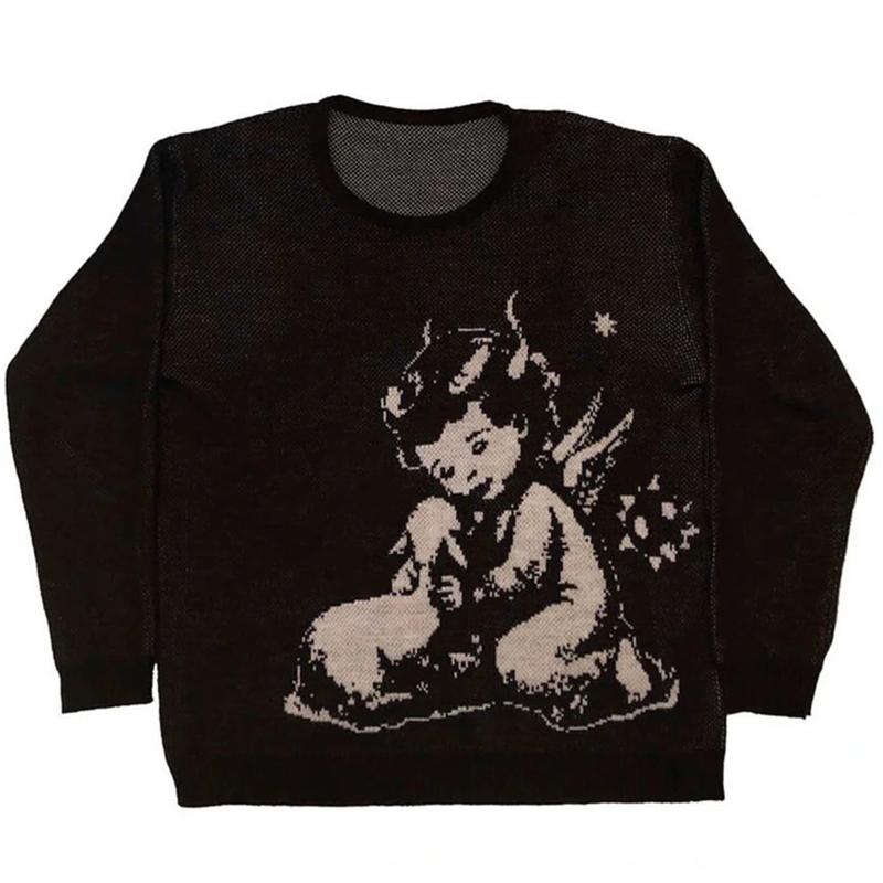 Children Cartoon Printing Y2K Harajuku Vintage Cute O-neck Pullover Sweater Pattern Knit Warm Loose Oversized Sweatshirt Women