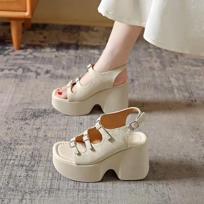 Римские сандалии на танкетке для женщин 2024 лето новые полые толстые с открытым носком повседневные на одной линии с пряжкой туфли на высоком каблуке Sandalias Mujer 2024