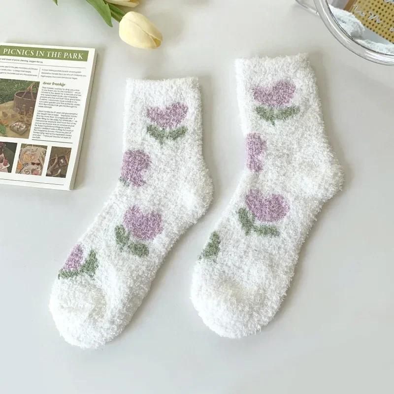 Японские милые носки Kawaii, осенне-зимние, толстые, теплые, мягкие, плюшевые, женские носки, коралловый флис, термобелье для дома, носки для сна на полу