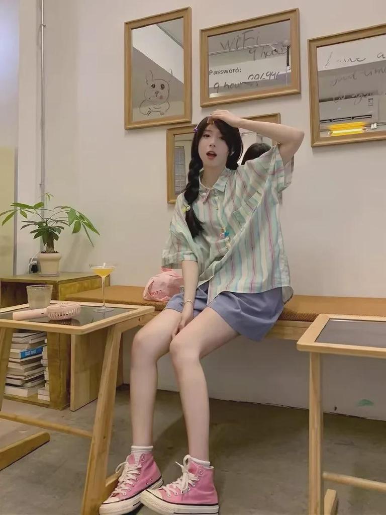 Dopamine Wear Women's Colorful Striped Short-Sleeve Shirt - Cute, Sweet, Loose Fit, Mid-Length for Summer