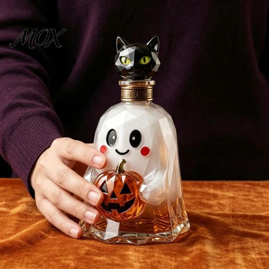 Halloween Party Drinkware Ghost Pumpkin Wine Decanter, Horror Theme Glass Bottle with Black Cat Lid, Spooky Decanter Liquor for Movie Nights