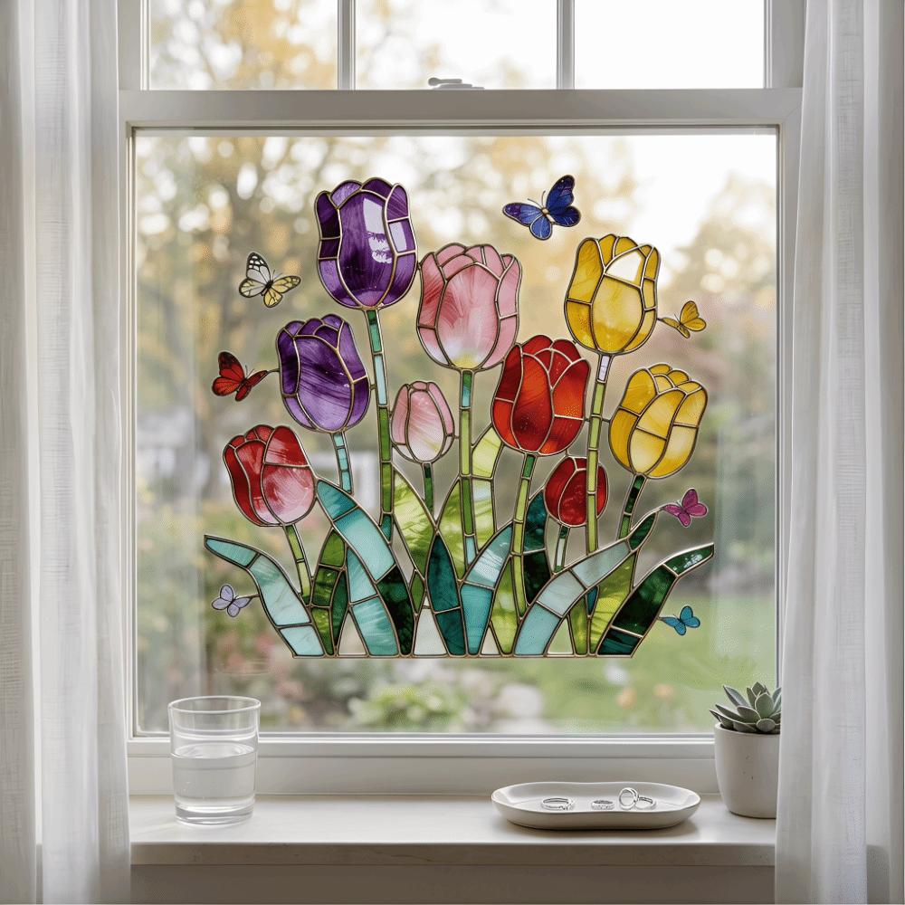 Removable Tulip Window Decals Waterproof Tulip Butterfly Wallpaper Tulip Glass Stickers Doors