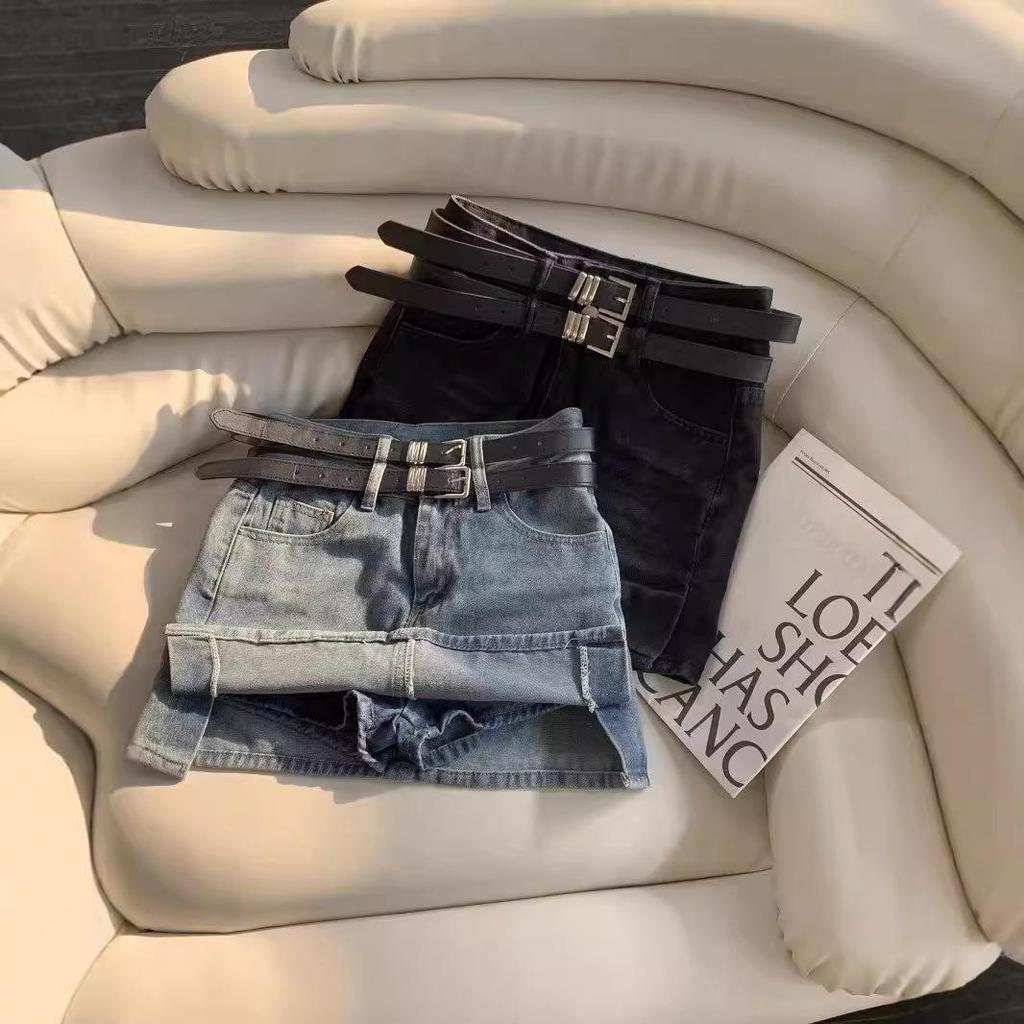 Острая девушка Юбка мини из денима с завышенной талией, ретро-разрезом и двойным ремнем - Женская летняя А-силуэта