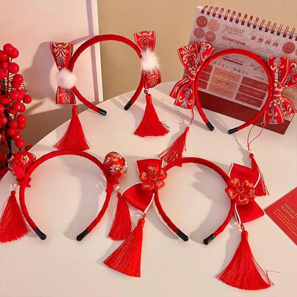 Tassel Chinese New Year Headwear Plush Ball Red Hairband Sweet Hanfu Hair Bun Hair Hoop Children