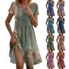 Women's Casual Fashion Round Neck Short Sleeve Retro Printed Midi Dress