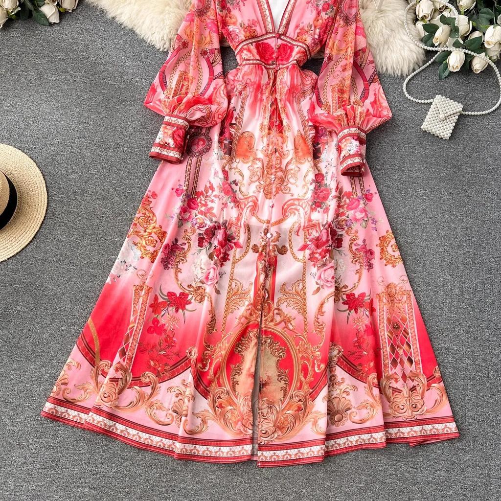 Летняя мода, роскошный дизайнерский винтажный шифон с принтом, праздничное пляжное платье, женское сексуальное платье с v-образным вырезом и рукавами-фонариками, эластичный пояс, длинный халат макси