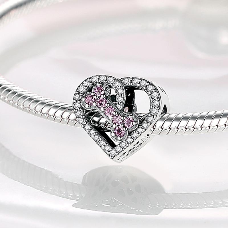 Fit Bracelet Inlaid Zircon Beads Charms 925 Sterling Silver Heart -Shape Colorful Dangle Pendants Bangle Jewelry
