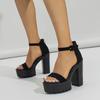 Fashion Broad Band Peep Toe Thick Bottom Women Sandals Ankle Bckle Cover Heels Square High Heeled Shoes Black, Apricot, Green
