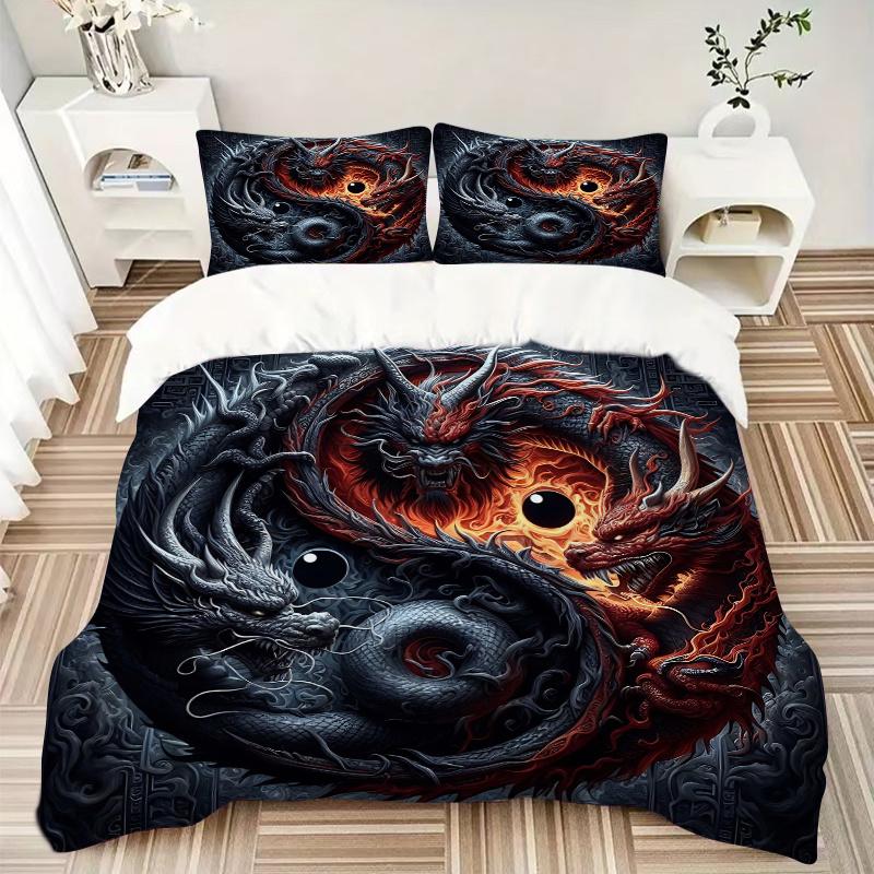 3pcs The Epic Battle of Red and Black Dragons Printed Quilt Set - Soft and Comfortable Quilt Cover for Bedroom, Guest Room and Dormitory Decorati