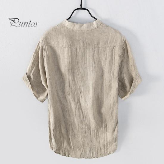 Men Summer Shirt V Neck Stand Collar Short Sleeves Vinatge Solid Color Loose Simple Style Mid Length Pullover Office Daily Wear Top