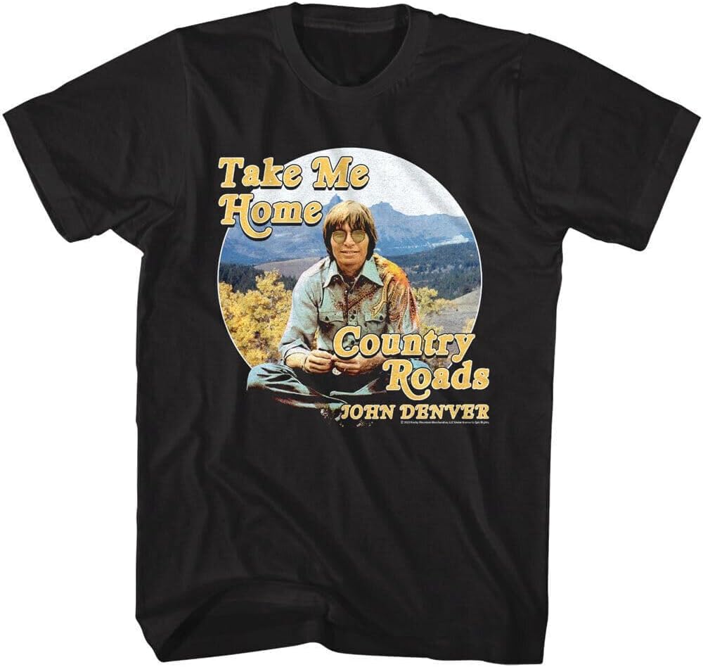 John Denver Country Roads Men's T Shirt take me Home Mountain Range Black