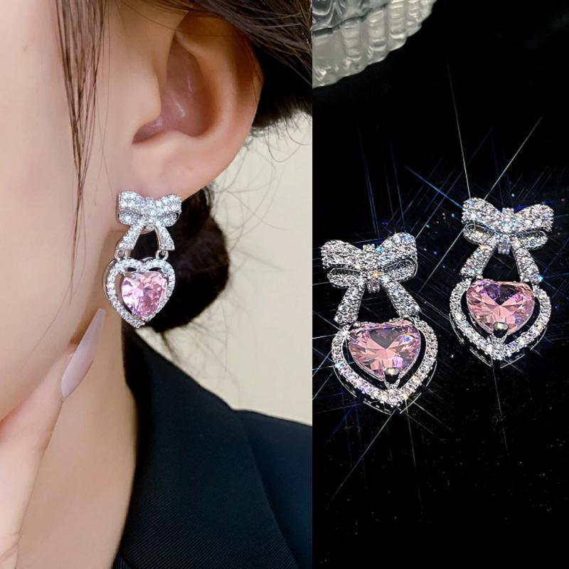 Exquisite Pink Heart Shape Bowknot Stud Earrings For Women Shining CZ Zircon Love Earring Girl Wedding Party Temperament JewelryGood product