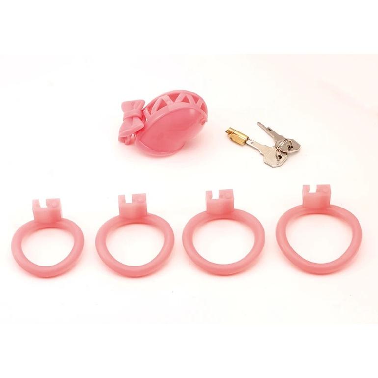 Pink Bow Sissy Chastity Cage Angel Cock Cage Belt with 4 Size Penis Rings Fidelity Device Bondage Equipment SM Sex Toys for Man
