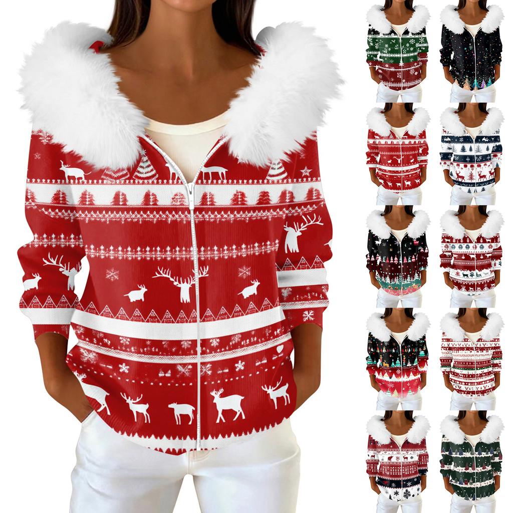 Women's Fashion Casual Sweater Zipper Print Cardigan Plush Hooded Jacket