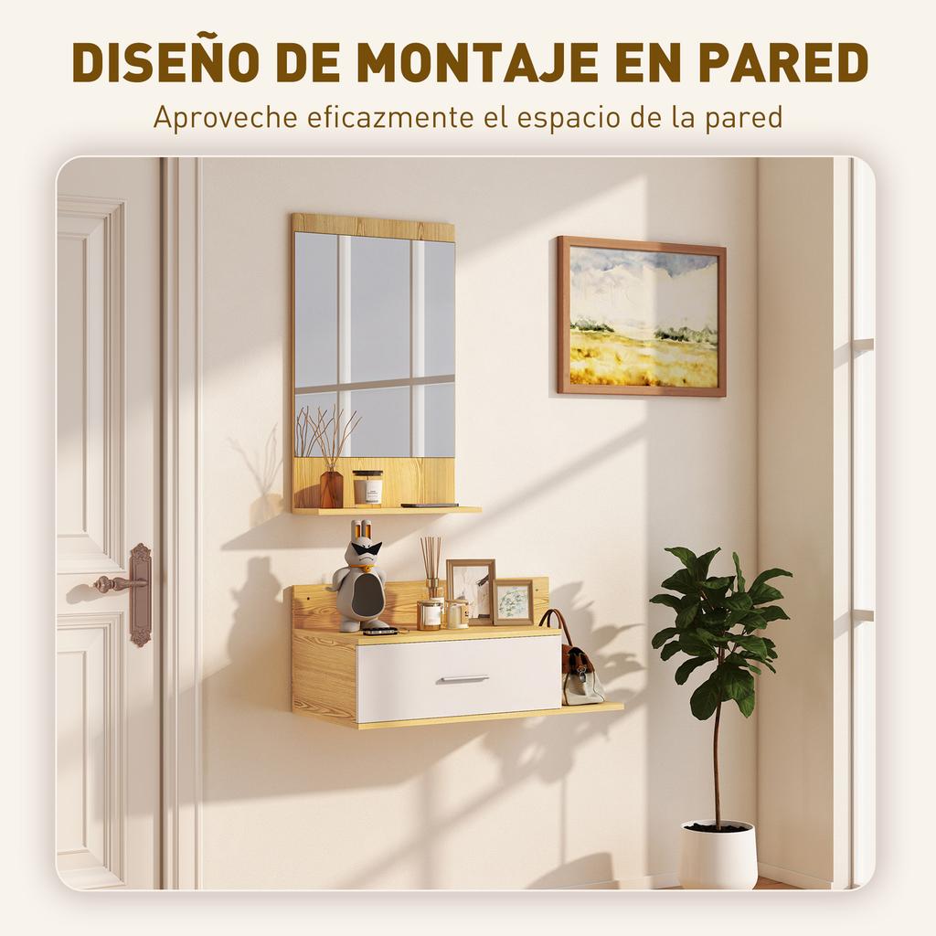 Wall-Mounted Entrance Hall Set with Mirror, Drawer and 2 Open Shelves, Natural Wood