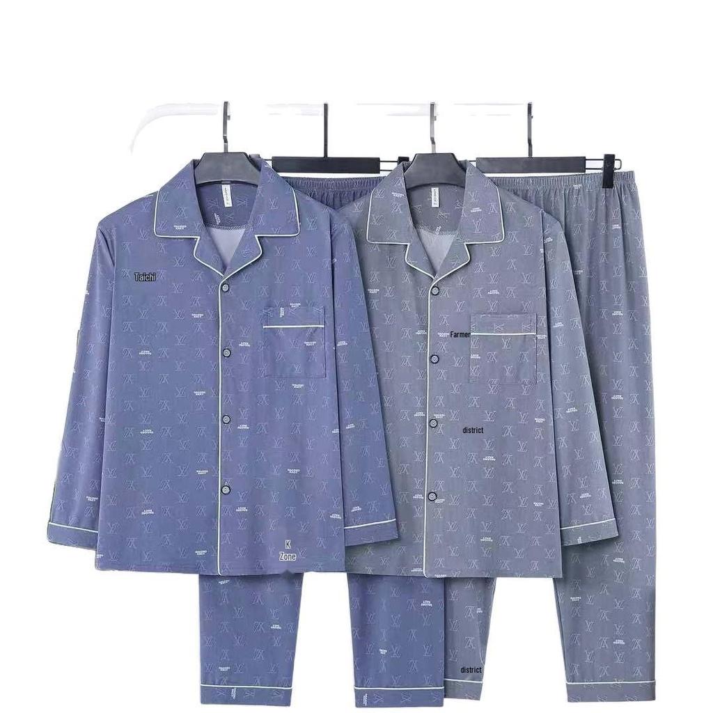 Мужской пижамный комплект "Павильон Дракона" Четыре сезона: Хлопковый кардиган с воротником-стойкой из лайкры, с длинным рукавом и брюками - Свободный домашний костюм.