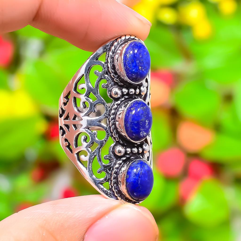 Lapis Lazuli Gemstone Handmade 925 Sterling Silver Jewelry Ring Size 9.5 l0F45