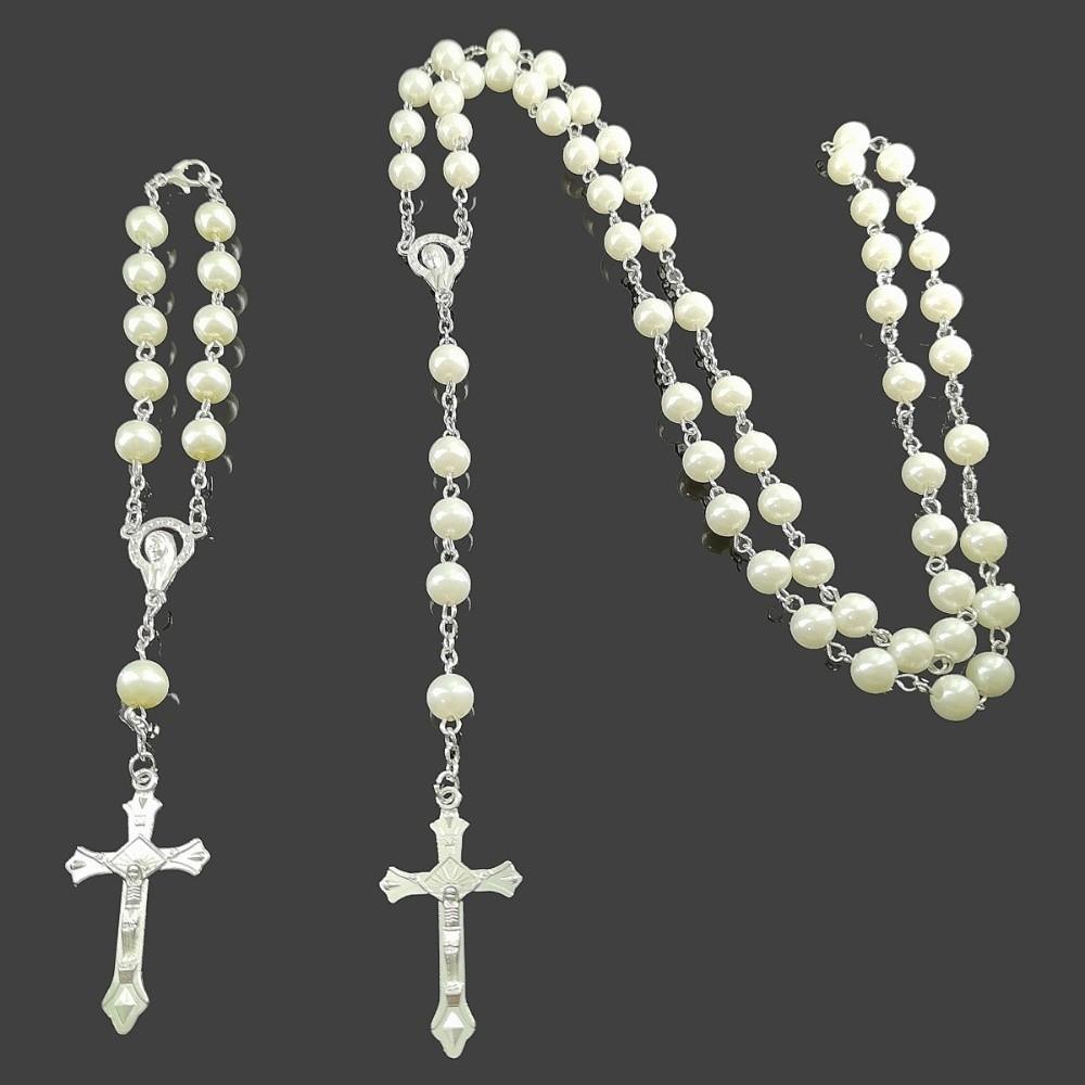 Long Religious Jewelry Set Imitation Pearl Christian Bracelet Cross Pendant Necklace Daily Wear