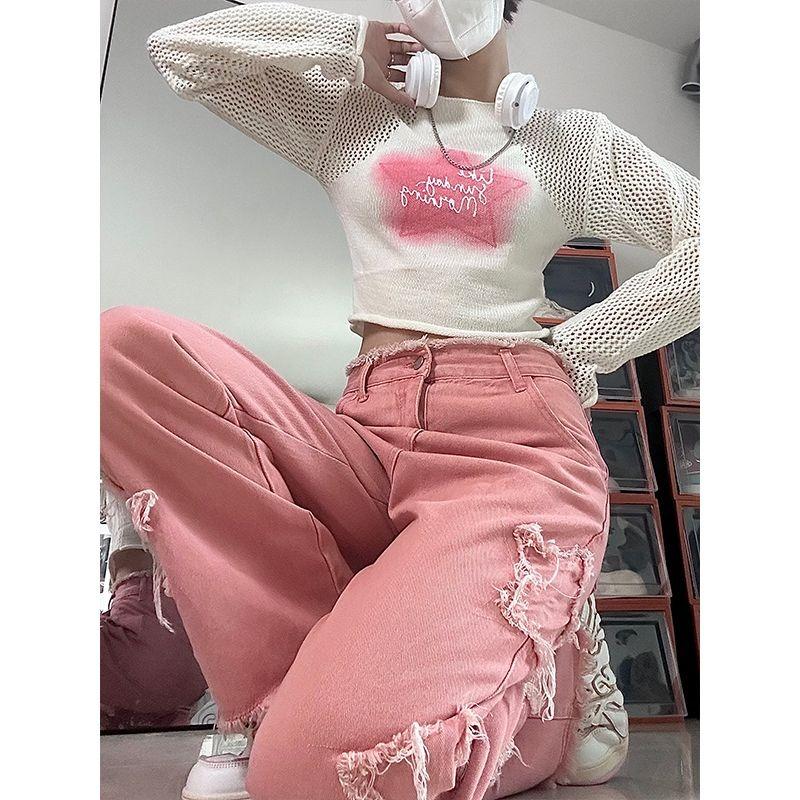 Розовые джинсы с высокой талией и джинсовые брюки с рваными звездами и бахромой, женские повседневные модные джинсовые брюки y2k