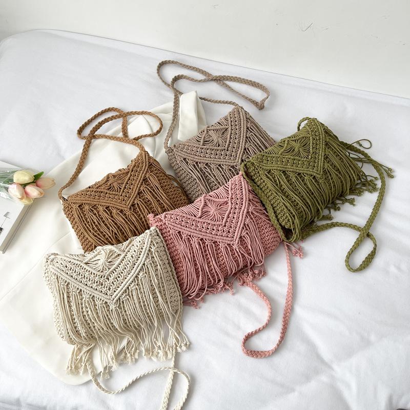 Fashion Cotton Woven Hollow Shoulder Crossbdoy Bags Female Summer Beach Bag Travel Small Tassel Handbag