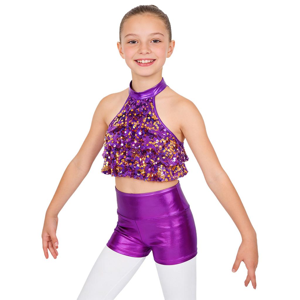 Girls Mock Neck Sleeveless Sequin Crop Top Tiered Shiny Metallic Shorts Stage Dance Outfit