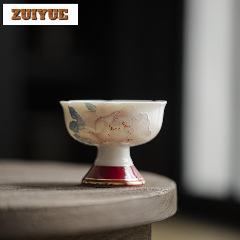 65ml Hand Drawn Peony Master Cup Vintage High Footed Large Teacup High End Gold Plated Tea Cup Flower Mouth Kung Fu Tea Set Gift