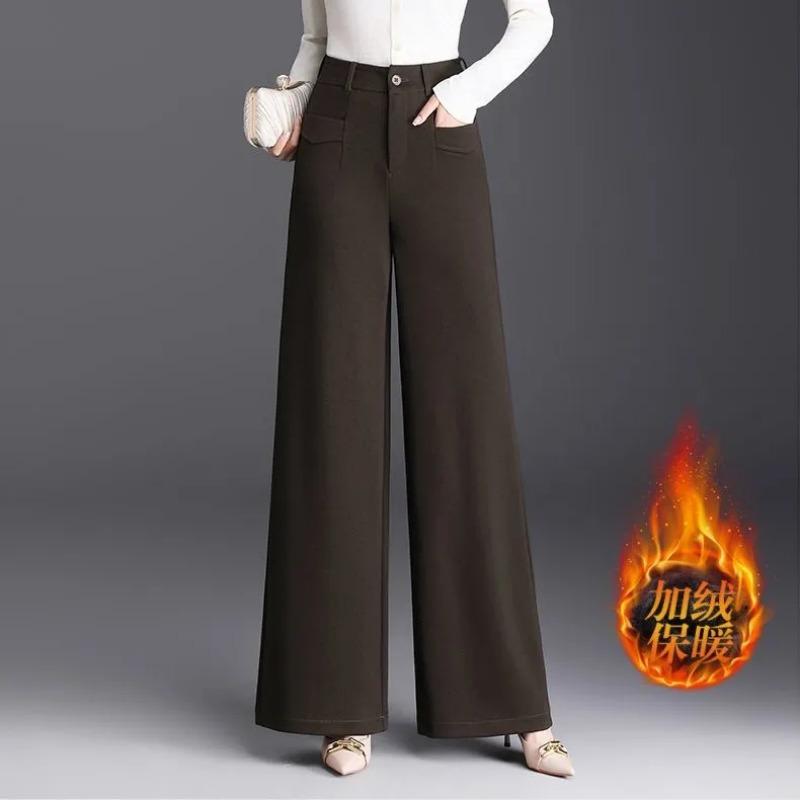 Женские черные брюки с высокой талией и широкими штанинами, на флисовой подкладке, теплые, повседневные