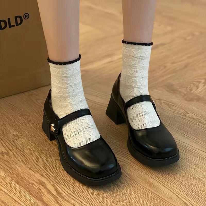 2025 новая французская модель Mary Jane маленькие кожаные туфли женские весенне-осенние универсальные с ремешком-застежкой круглая головка толстый каблук jk с юбкой туфли