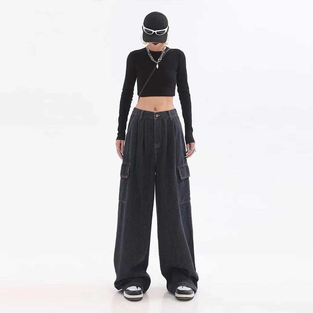 Осенние женские мешковатые черные джинсы в стиле Харадзюку, уличная одежда, повседневные широкие брюки в стиле хип-хоп, винтажные брюки Demin, свободные брюки Y2k