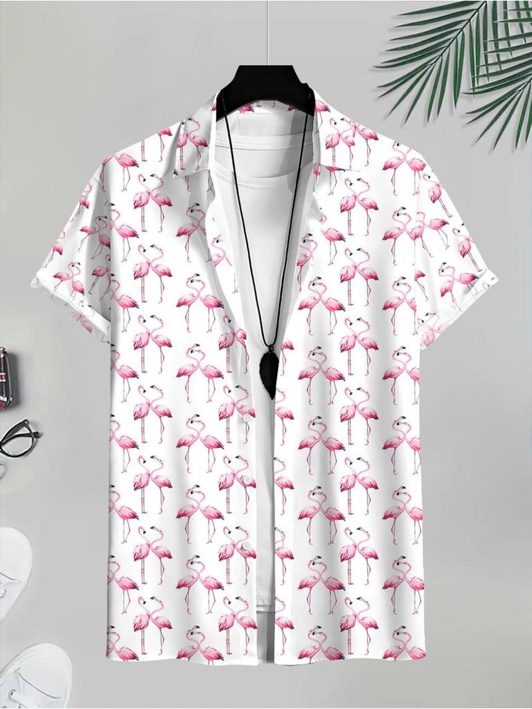 Men's Casual Flamingo Printed Short - Sleeve Shirt, Polyester Material, Mixed Color, Multiple Specifications Available, Stylish for Daily Wear &