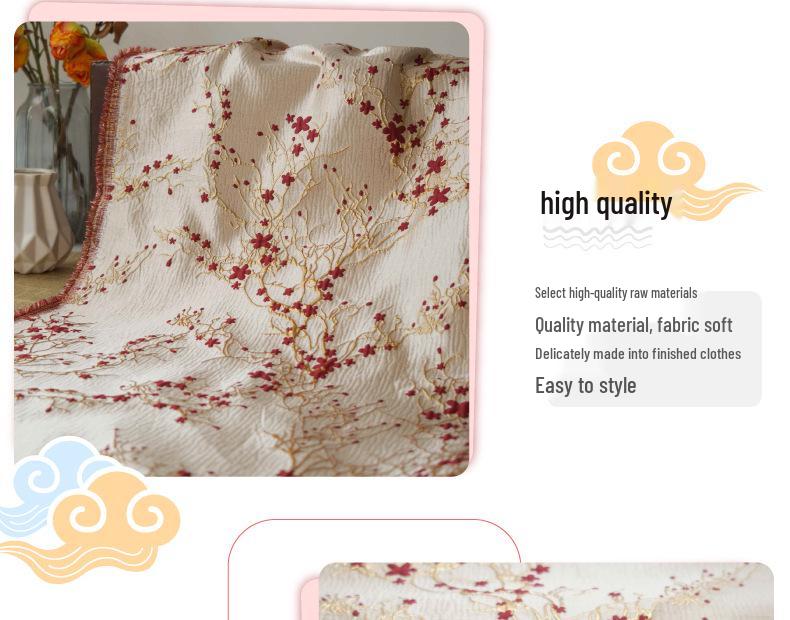 Elegant Women's Dress with Gold Embossed Thread and Red Floral Jacquard Fabric