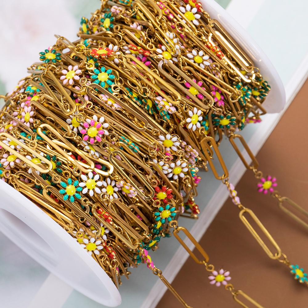 1Meter Stainless Steel Chain Colorful Enamel Daisy Flower Beaded Charm Paper Clip Chain for DIY Jewelry Making Necklace Bracelet