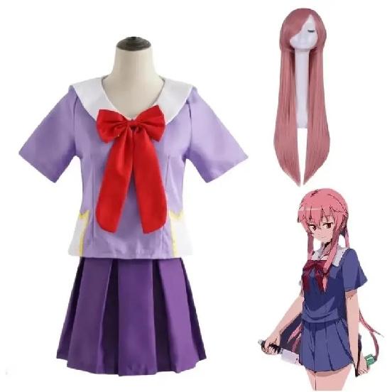 Gasai Yuno Косплей Аниме Дневник будущего Gasai Yuno Mirai Nikki Косплей Костюм Школьная форма Бант Короткая юбка Парик Костюмы на Хэллоуин