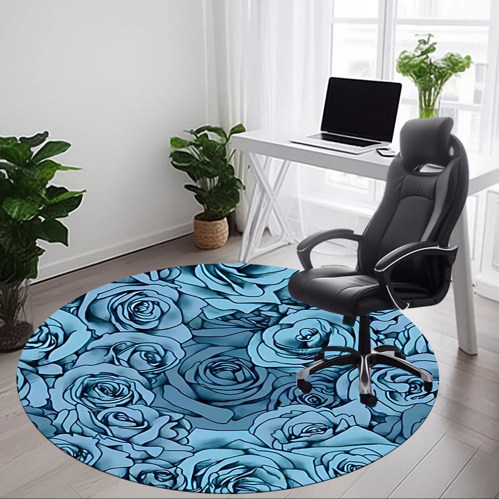 1pc Blue Roses Floral Office Round Area Rug, Indoor Mat Suitable For Office, Under Office Chairs Bedroom Living Room Home Decor, Room Deco