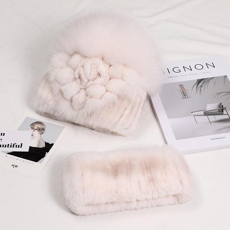 Real Rex Rabbit Fur Hat Women Winter Thickened Ear Protection Caps Knitted Scarf Hat Set Natural Fur Hat With Fox Fur Balls