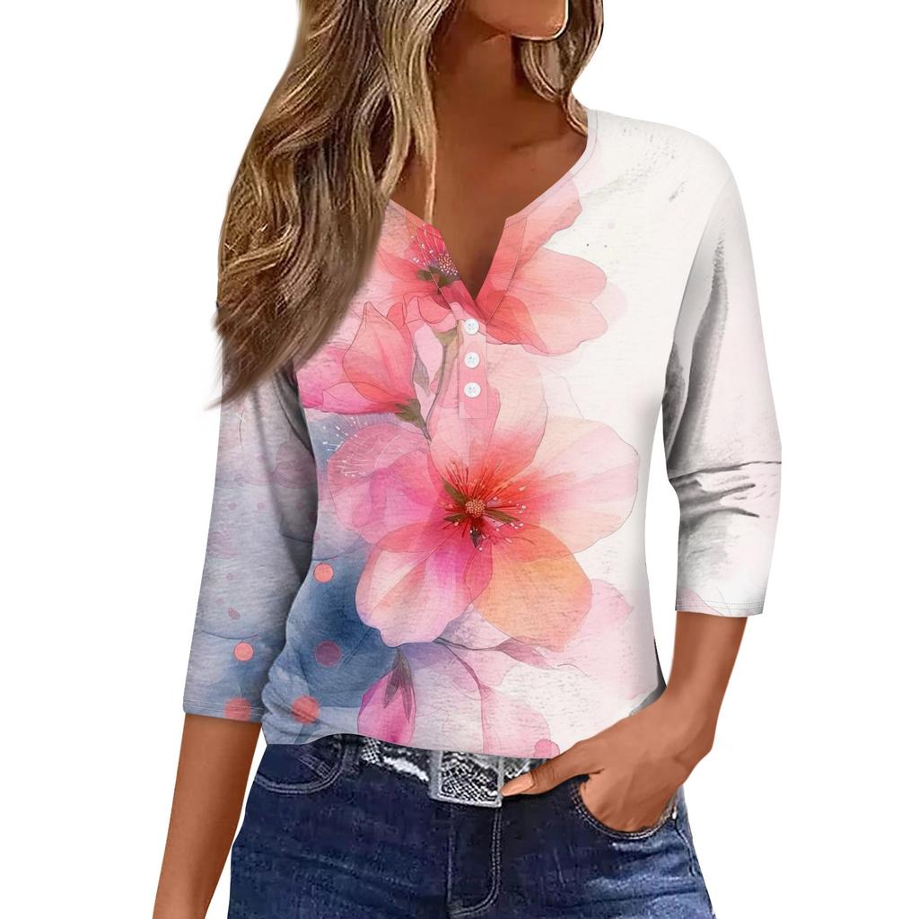 Женская модная повседневная футболка с коротким рукавом и V-образным вырезом, декоративными пуговицами и рукавом три четверти