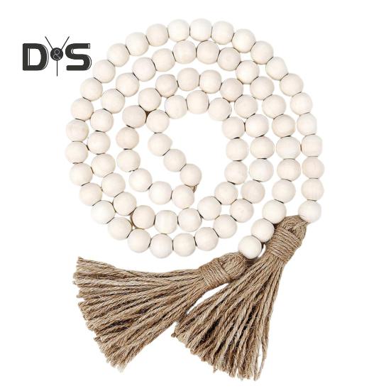 Wood Bead Garland Farmhouse Wall Hanging Decoration DIY Rustic Tassel Boho Bead String Ornament for Plant Pots Candle Holders