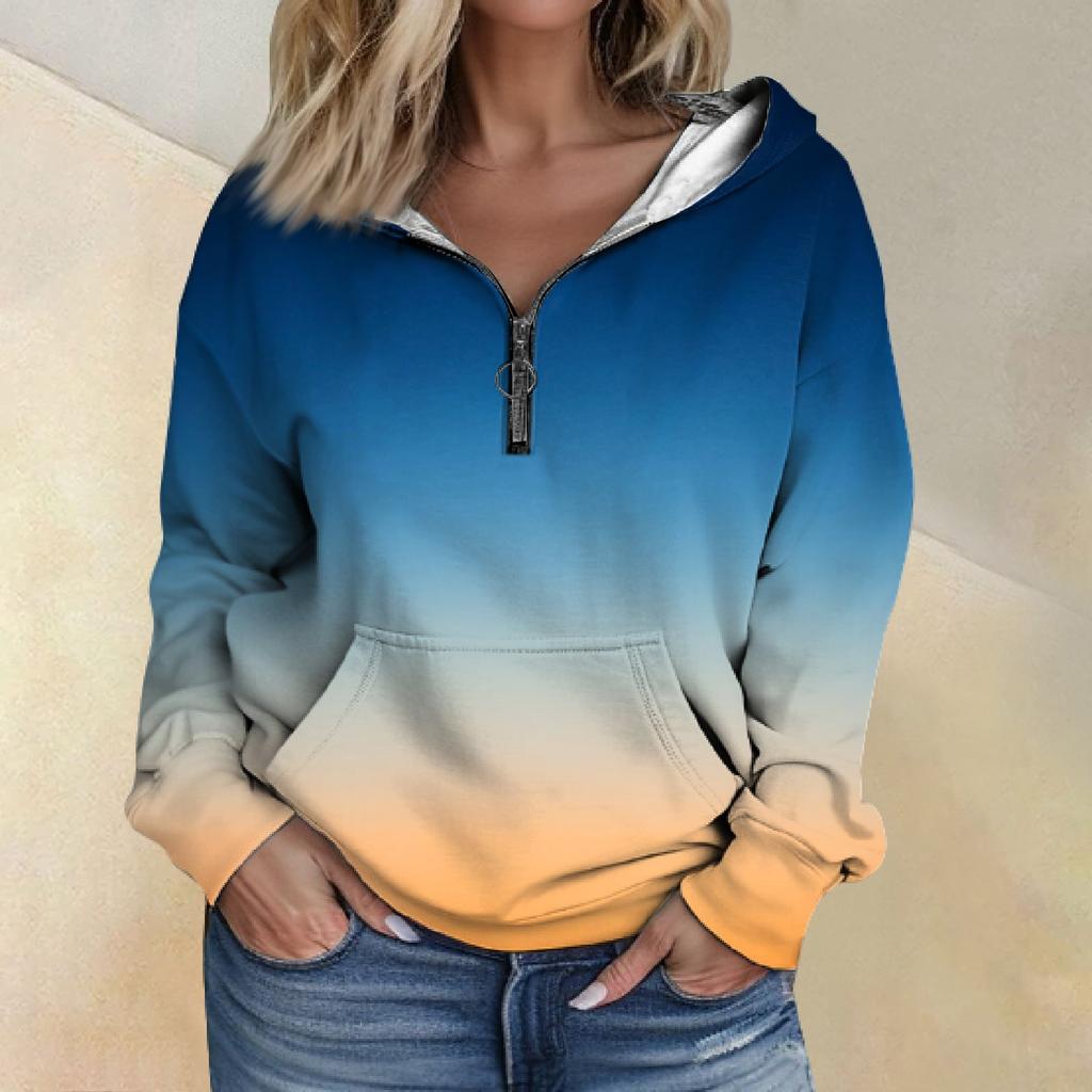 Women's Fashion Gradient Long Sleeved Loose Half Zippered Hoodie With Pockets