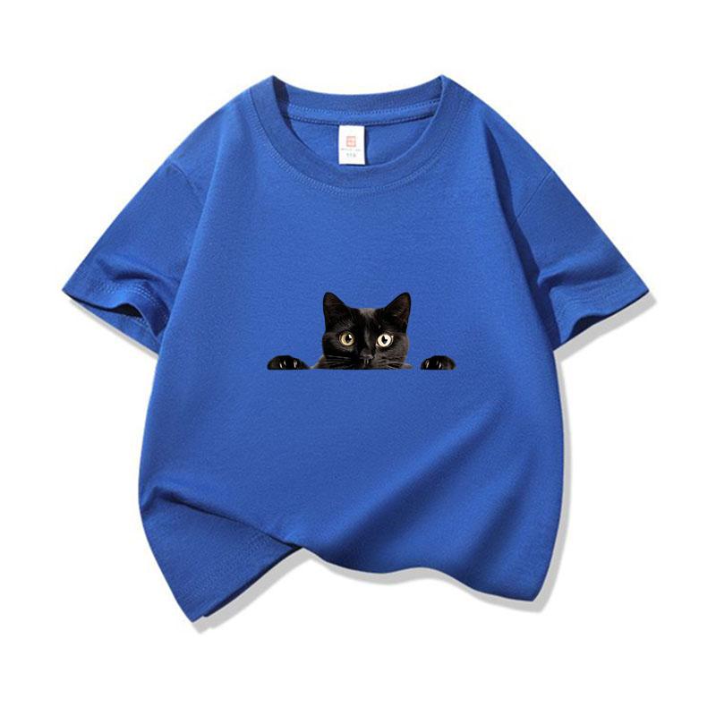 Kids Cotton T Shirt Peeking Black Cat Graphic Print Crew Neck Short Sleeve Tee Casual Breathable Boys Girls Summer Tops