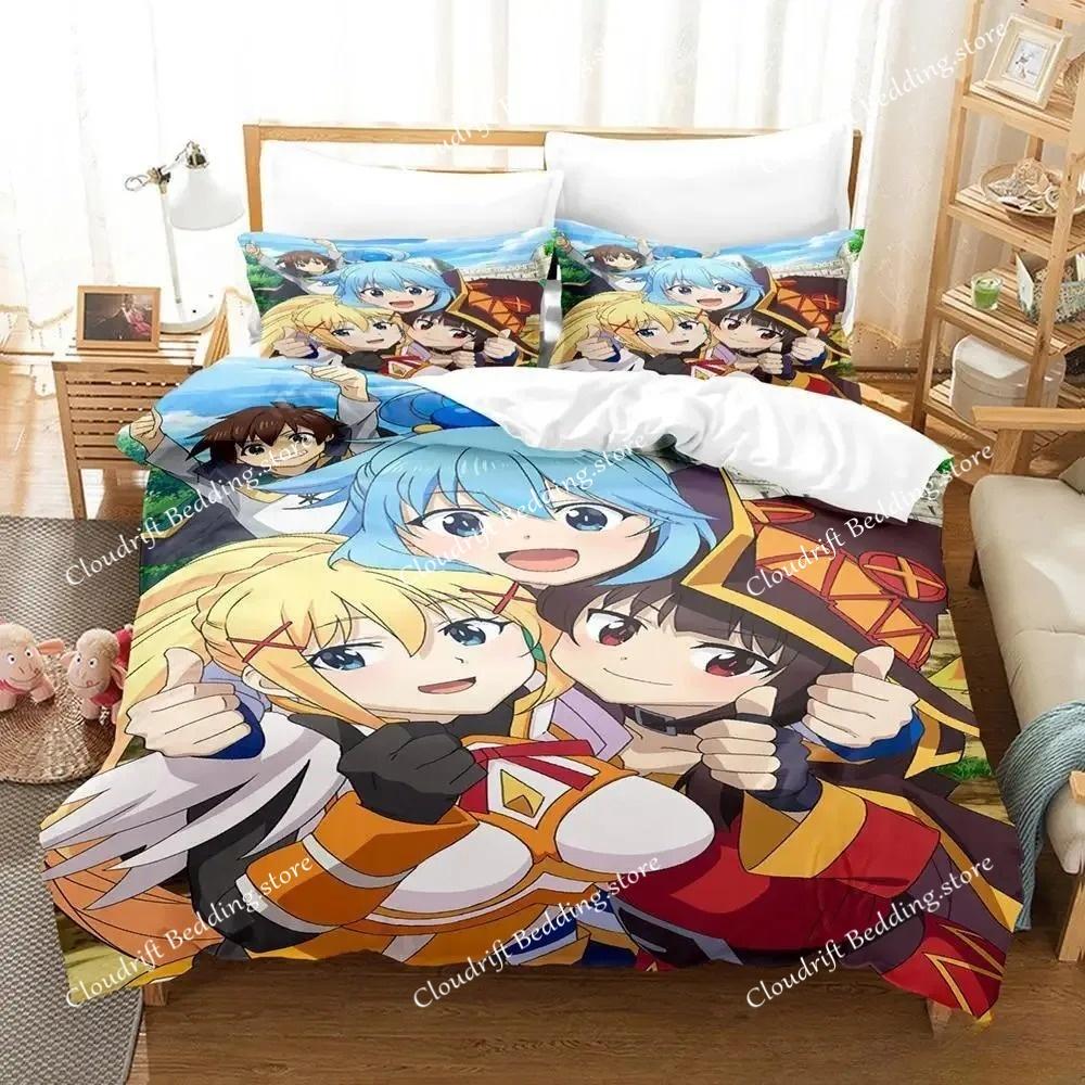 Комплект постельного белья Kawaii KonoSuba из трех предметов с рисунком из мультфильма «Аниме» для взрослых и детей, комплекты пододеяльников 3D Kawaii Girls, комплекты постельного белья размера «king size»