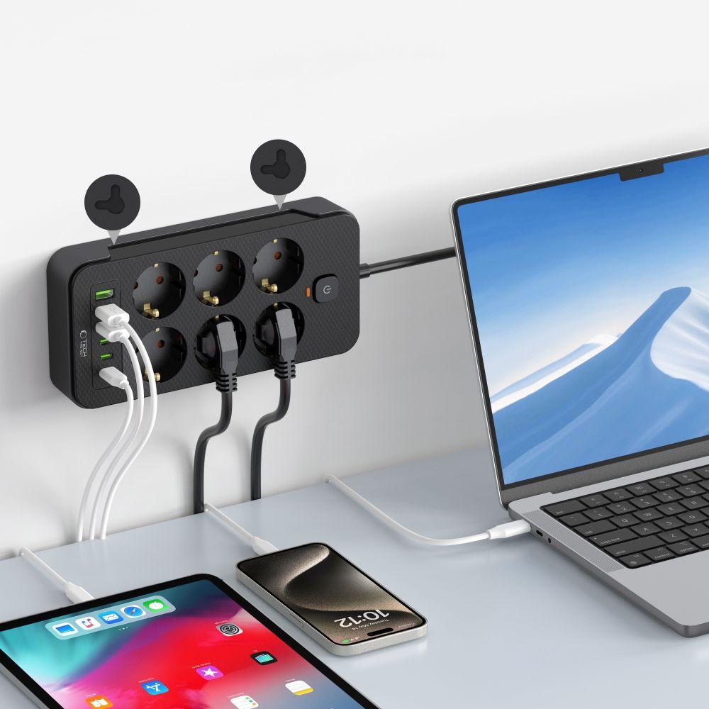 Tech-Protect Сетевой фильтр Pc6X6 3 USB и 3 Type-C и 6 розеток 200 см Черный