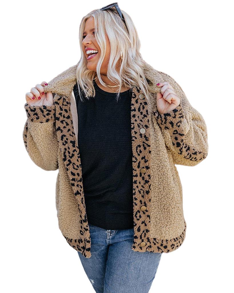 Azura Exchange Khaki Plus Size Leopard Trim Button Up Sherpa Jacket