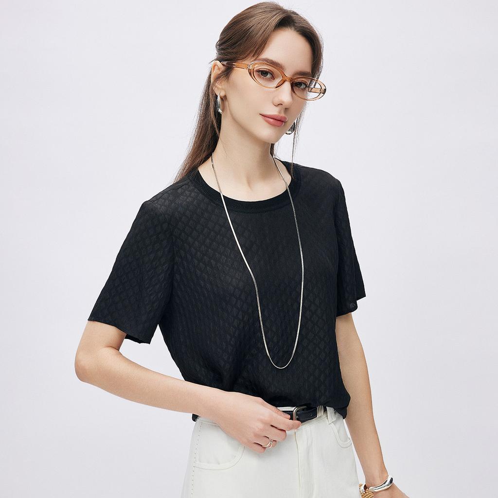 19mm Small Square Crown Crepe] 26 Summer New Round Neck Retro Jacquard Slimming Silk T-shirt for Women