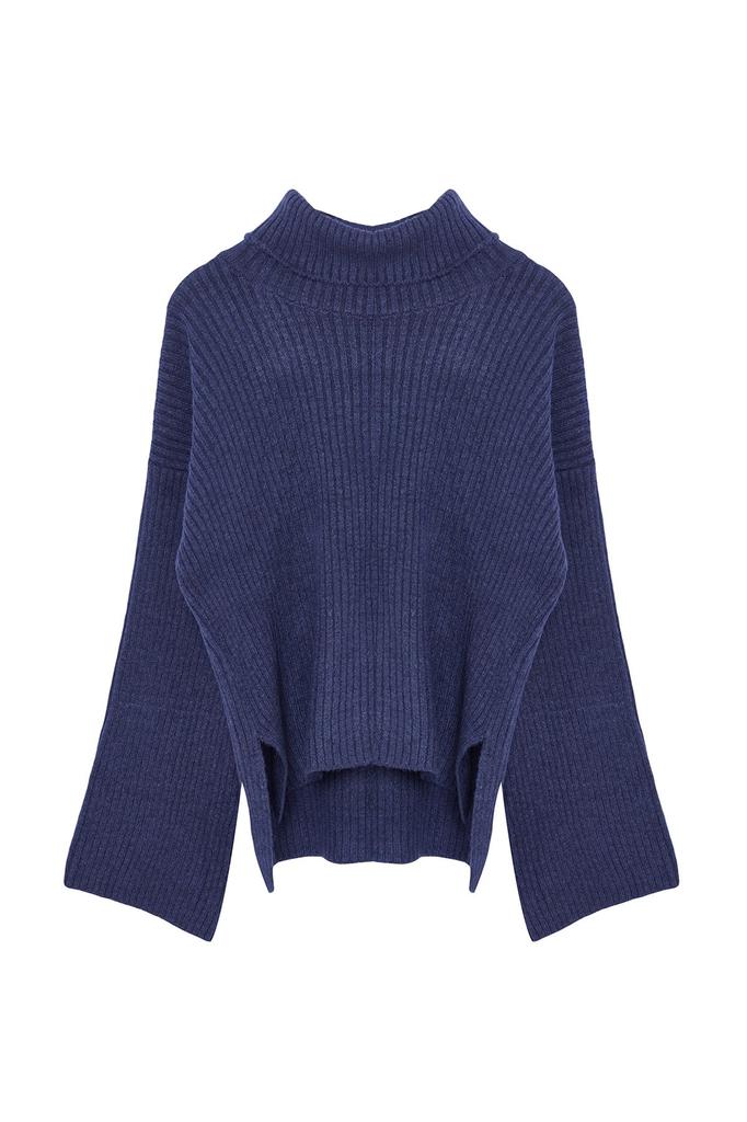 Женский модный стильный свитер, темно-синий широкий крой, мягкий текстурированный трикотажный свитер