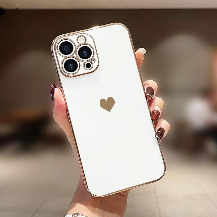 Coque de protection - BOOLING - pour iPhone 16 Pro Max - Silicone Blanc - Motif Cœur - Bordures Dorées